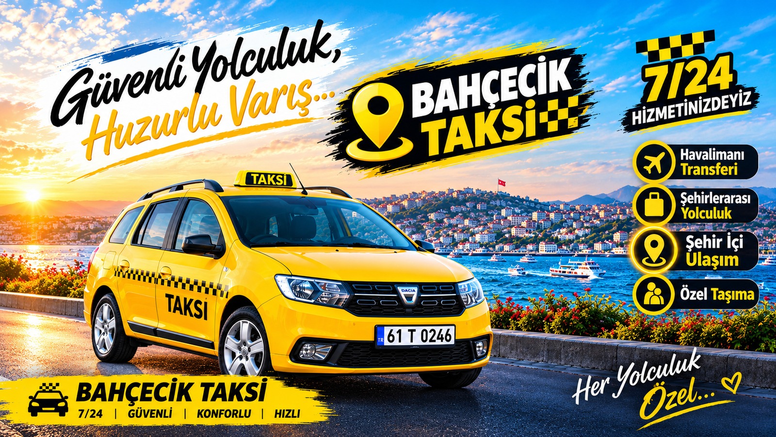 Bahçecik Taksi 7/24 hizmet, sarı taksi ve ulaşım hizmetleri tanıtım görseli